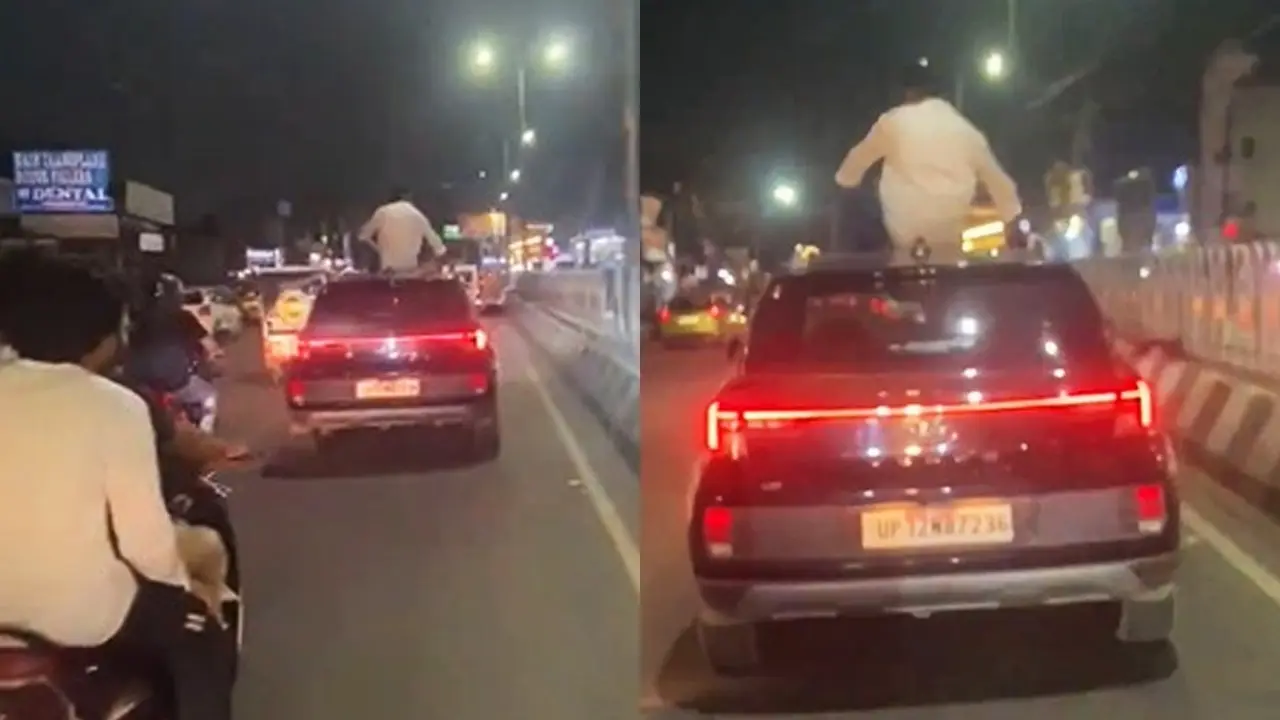 Video: Man Performs Dangerous Stunt on Moving Car in Lucknow, Police Takes Action Man Performs Dangerous Stunt On Car