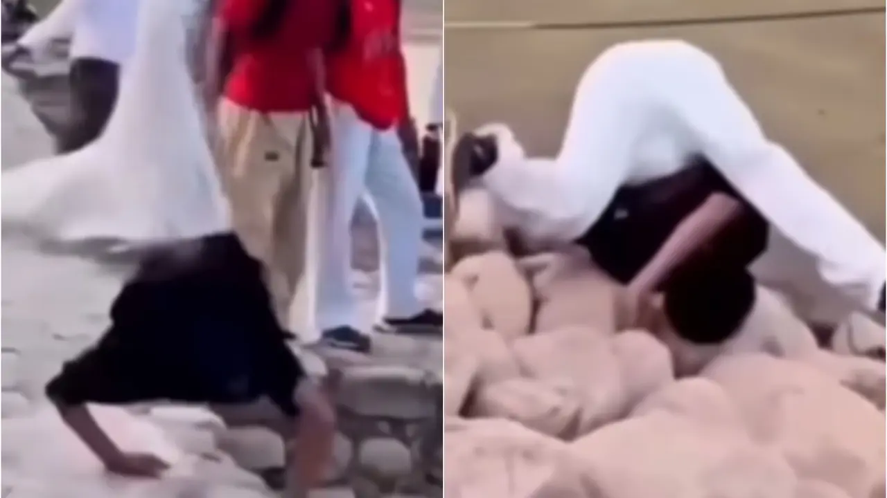 Man Hits Head, Faints Doing Somersault Stunt Near Sukhna Lake | Video Man performs stunt at Sukhna Lake, loses consciousness.
