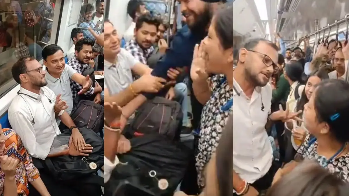 Viral Video: Man’s Epic Seat Fight in Delhi Metro With Women Leaves Fellow Passengers in Laughter Man's Dramatic Brawl Over Seat in Delhi Metro Goes Viral, Social Media Reacts