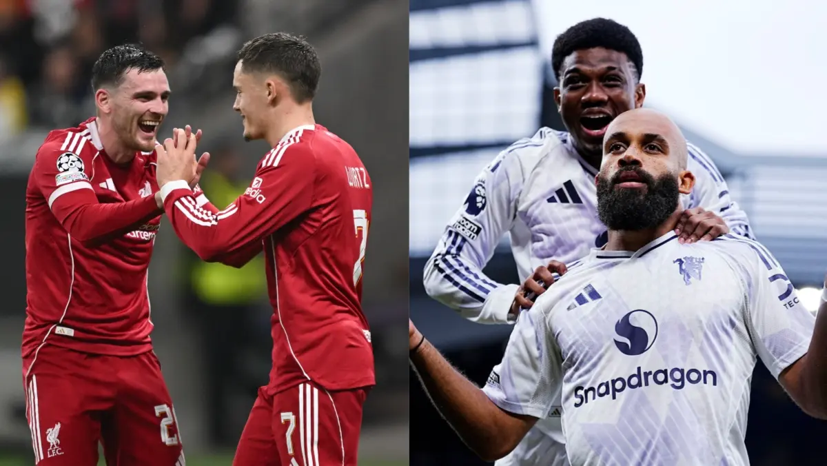 Manchester United's Bryan Mbeumo and Amad Diallo, Liverpool's Florian Wirtz and Conor Bradley