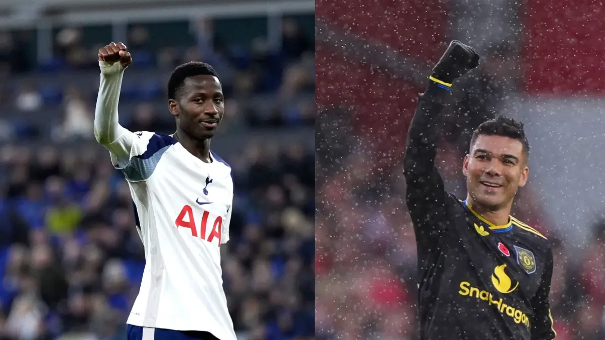 Manchester United's Casemiro and Tottenham Hotspur's Pape Matar Sarr