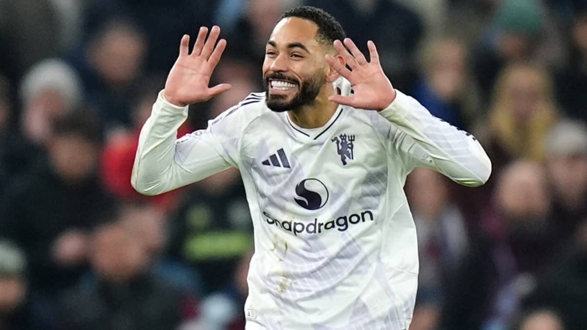 Manchester United's Matheus Cunha celebrates scoring against Aston Villa
