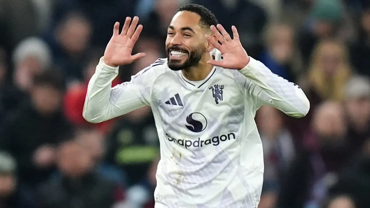 Manchester United's Matheus Cunha celebrates scoring against Aston Villa