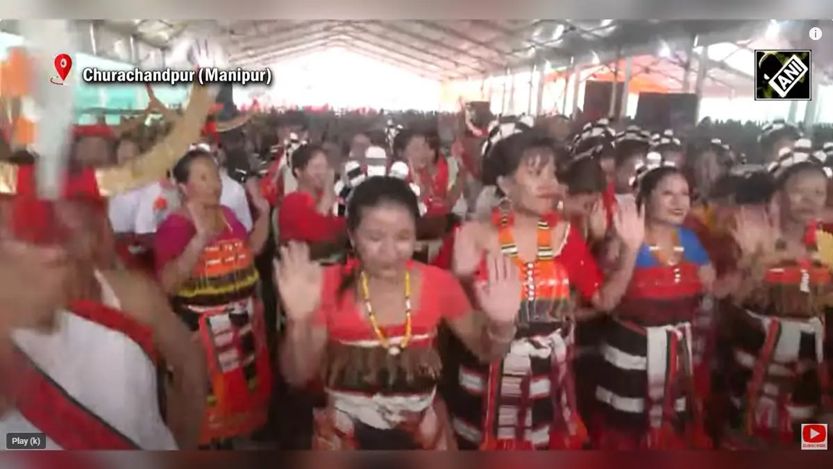Manipur’s tribal community performs traditional dance in Churachandpur to welcome PM Narendra Modi on Saturday.