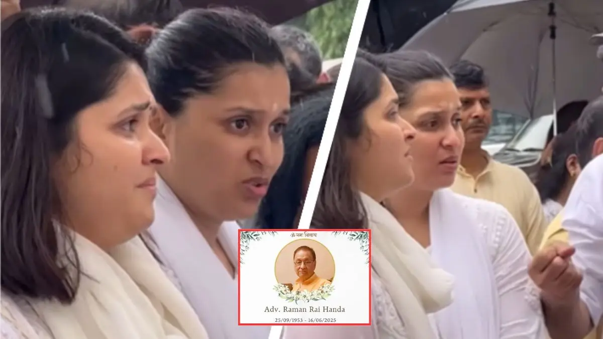 Mannara Chopra Fights Back Tears At Father Raman Rai Handa's Funeral, Heartbreaking Moments Of Family Surface Mannara Chopra at father's funeral