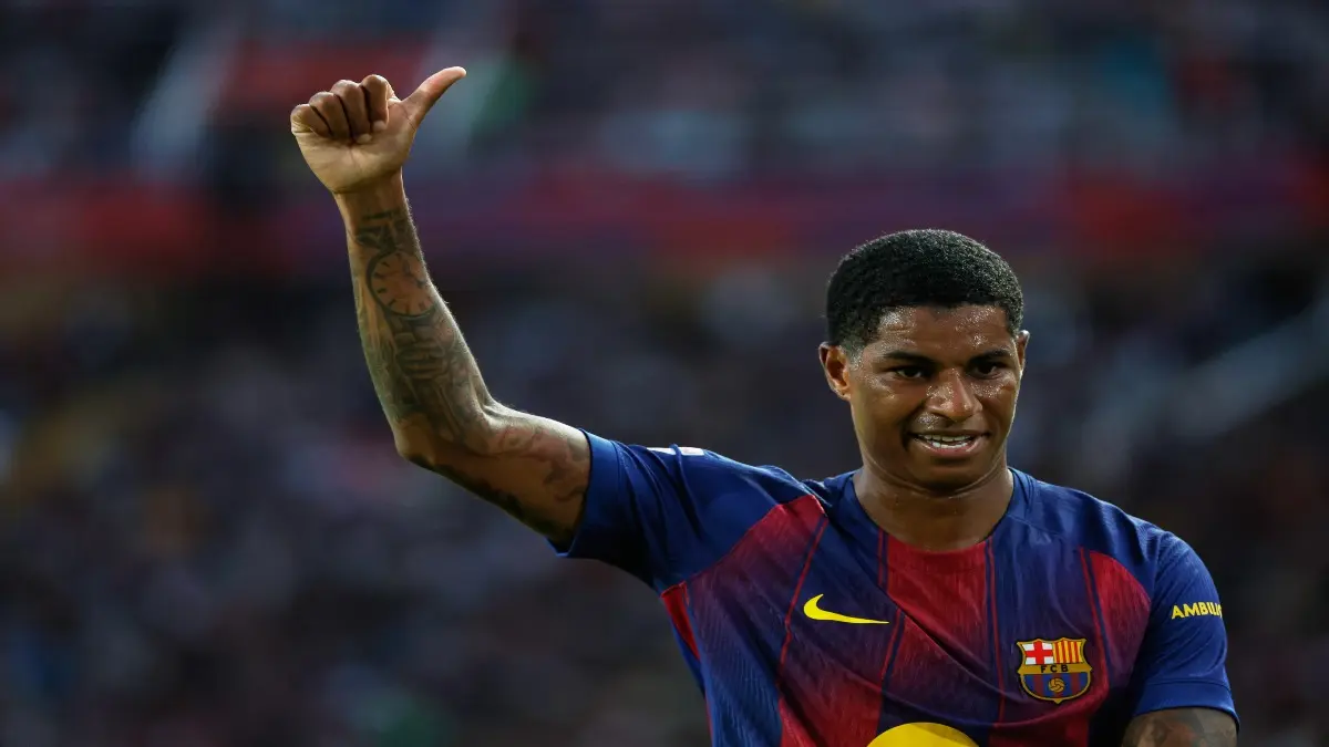 Marcus Rashford reacts during FC Barcelona's La Liga game against Real Sociedad