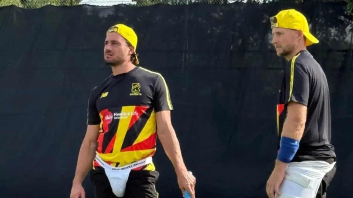 Marcus Stoinis and Joe Root during Trent Rockets' practice