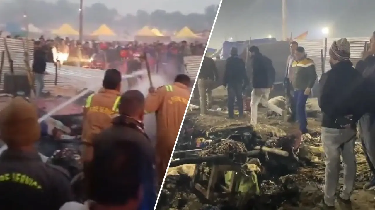 Massive Fire Breaks Out at Prayagraj Magh Mela, Tents and Shops Gutted Massive Fire Breaks Out at Prayagraj Magh Mela, Tents and Shops Gutted