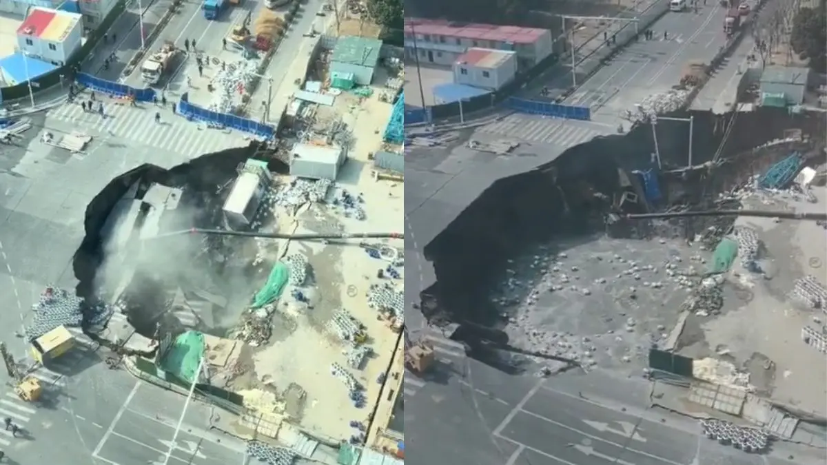 Massive Sinkhole Swallows China's Shanghai Road, CCTV Footage Goes Viral | WATCH Massive Sinkhole Swallows China's Shanghai Road, CCTV Footage Goes Viral | WATCH