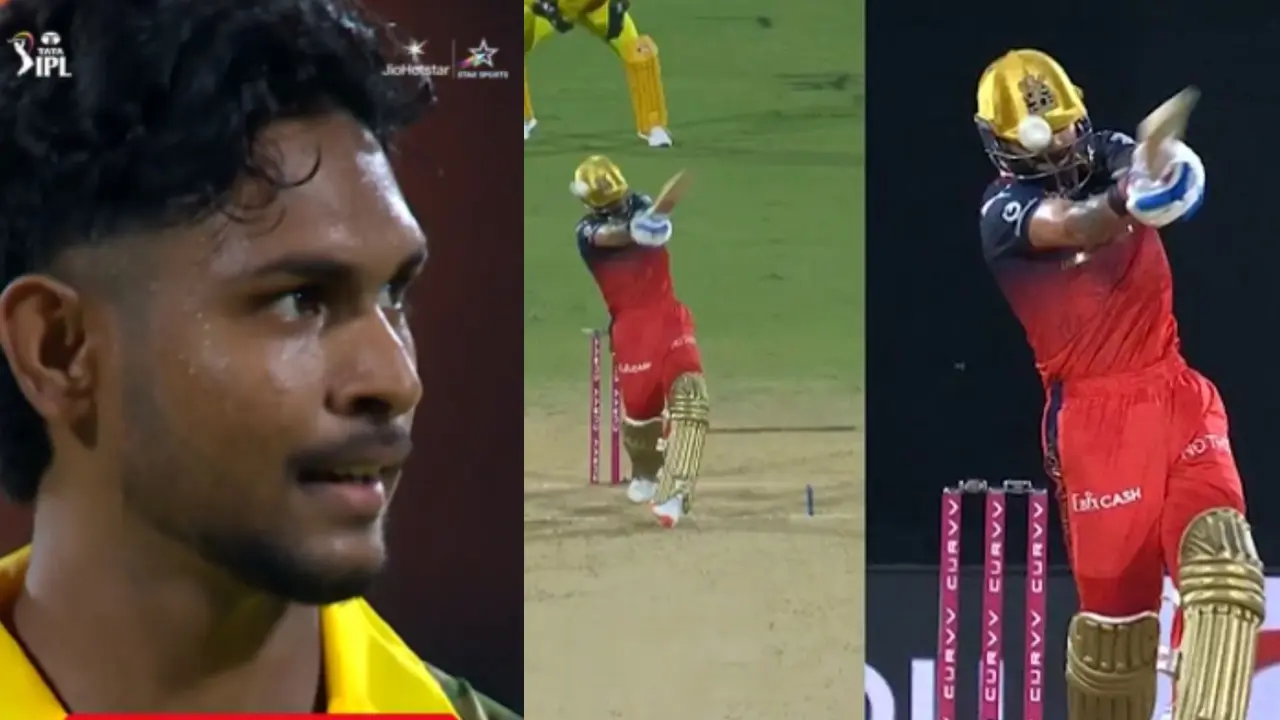 Matheesha Pathirana bouncer on virat kohli helmet RCB batter hit back to back six to next ball video viral