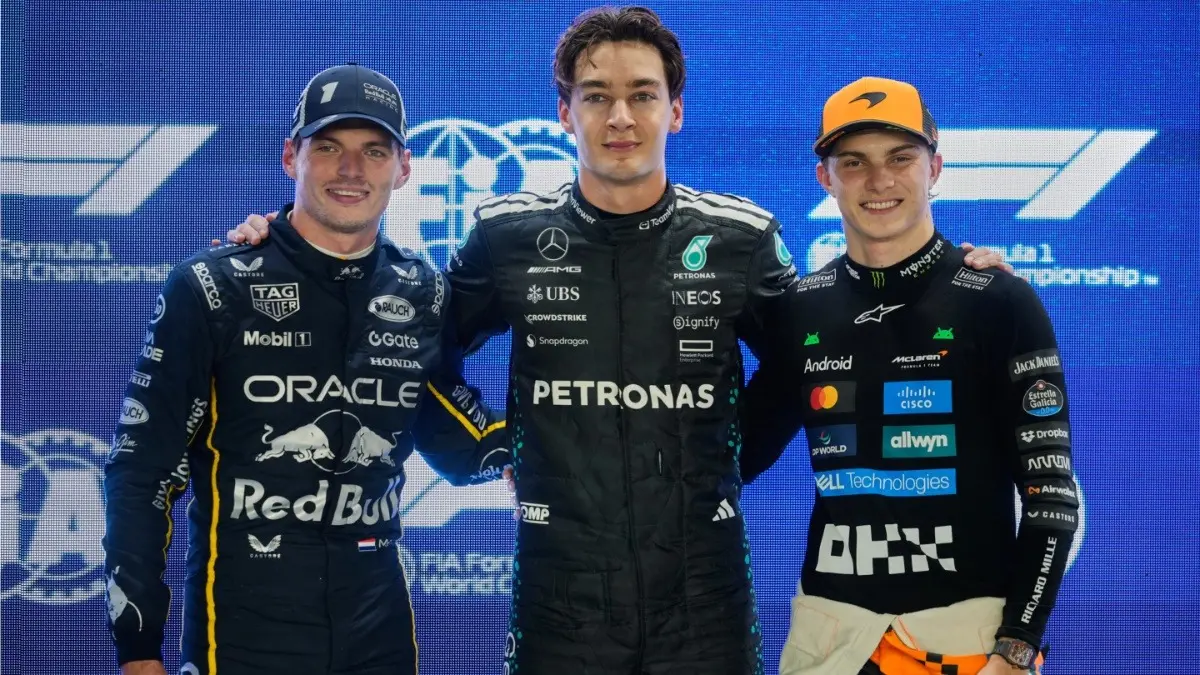 Max Verstappen, George Russell, and Oscar Piastri