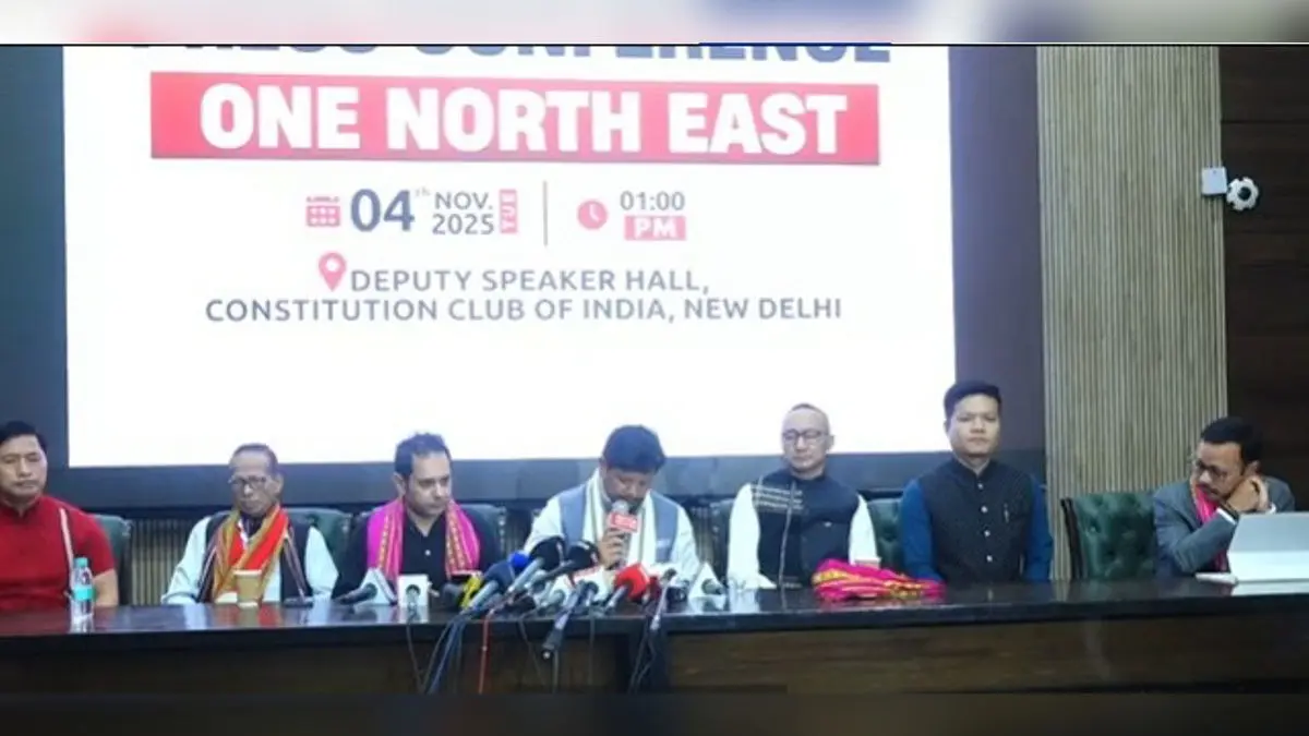 Meghalaya Chief Minister Conrad Sangma, along with other leaders, addresses a press conference in New Delhi on Tuesday.