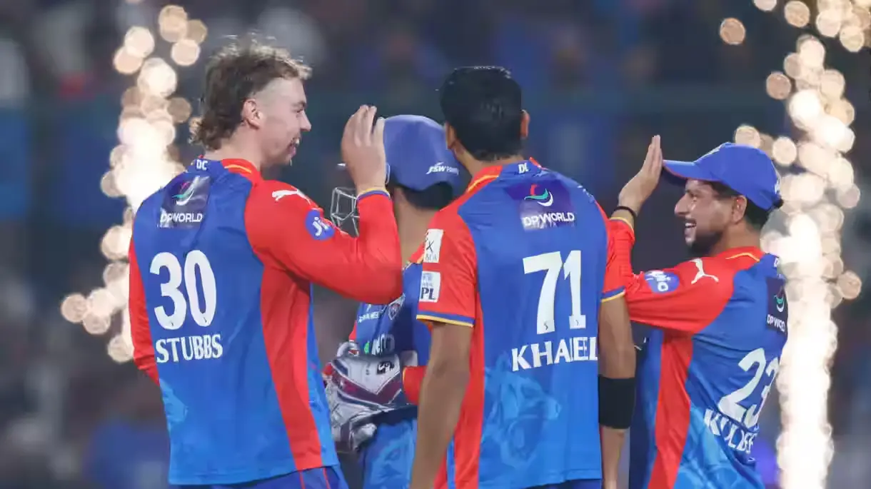 Members of Delhi Capitals celebrate a fall of wicket during IPL 2024