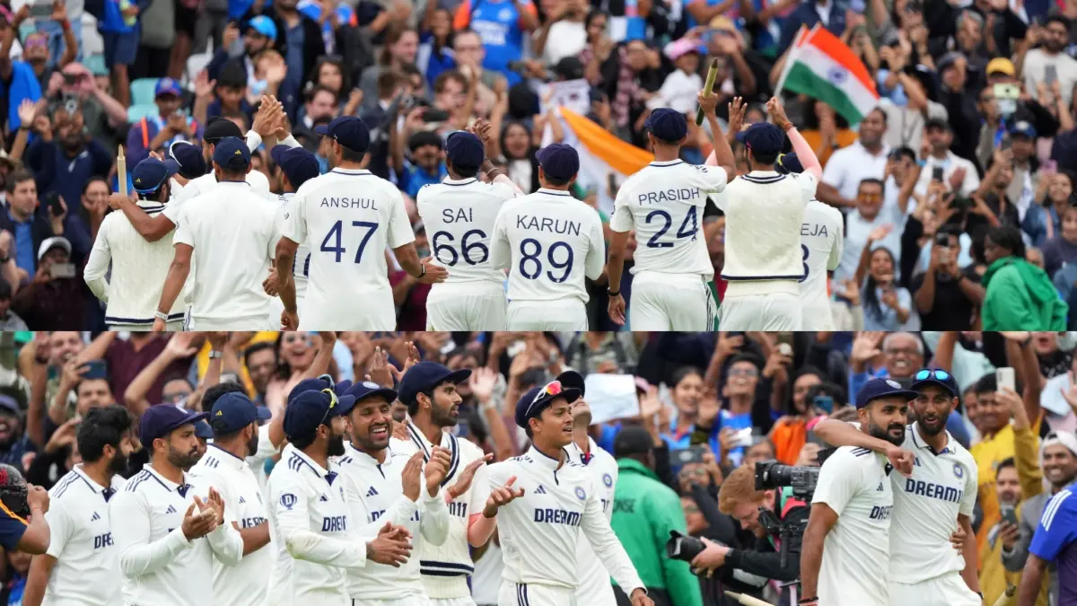 Members of the Indian team celebrate their Oval win