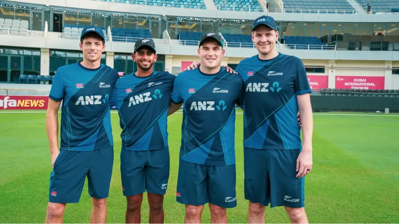 Members of the New Zealand cricket team pose for a picture
