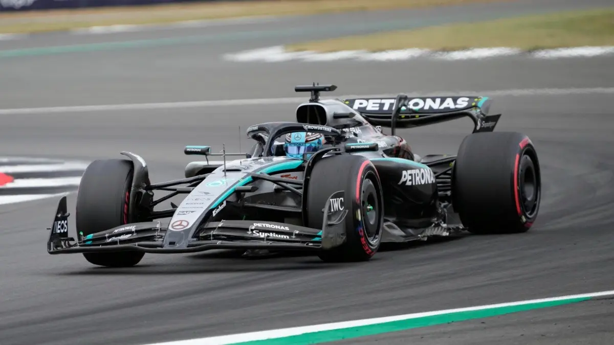 Mercedes driver George Russell in action during British Grand Prix