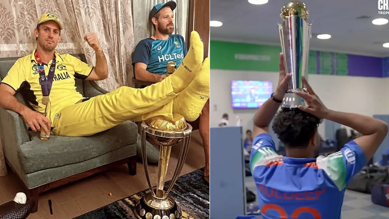 Mitchell Marsh put his foot on World Cup trophy Kuldeep wear Champions Trophy like crown VIDEO viral