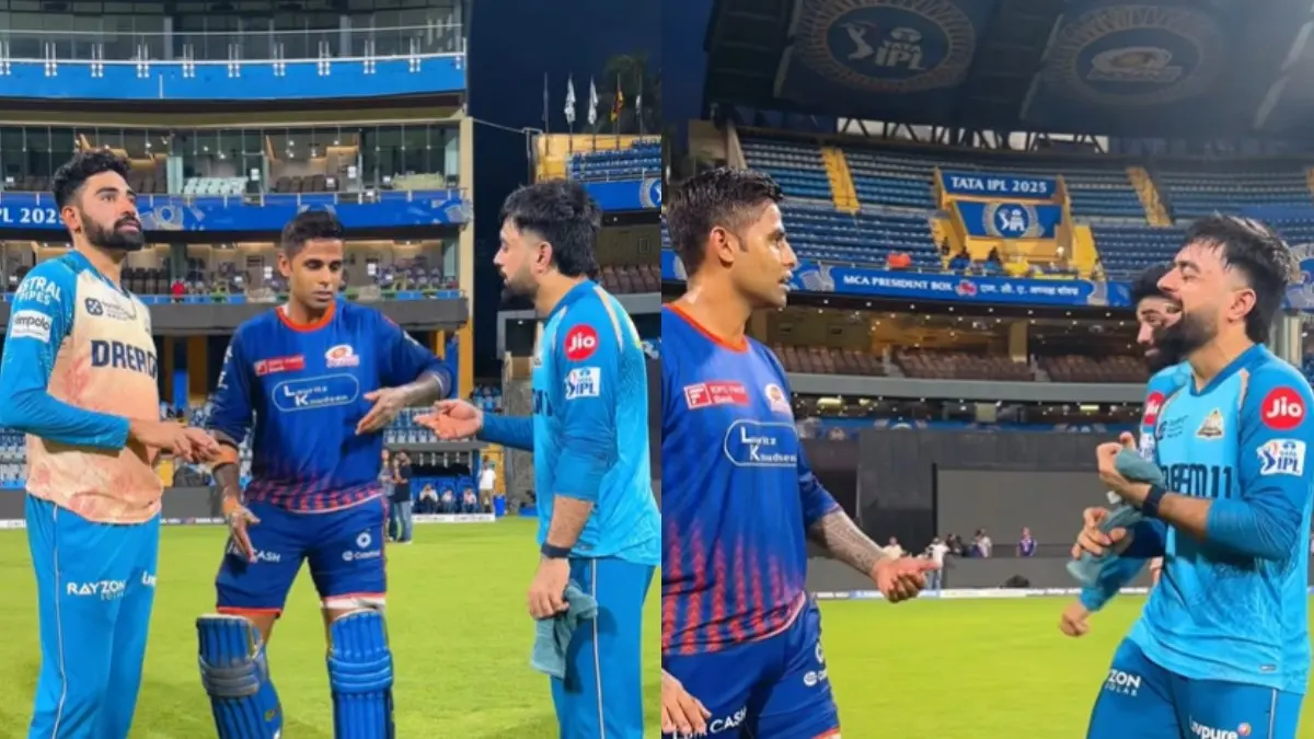 Mohamme Siraj, Suryakumar Yadav and Rashid Khan during a training session in Mumbai