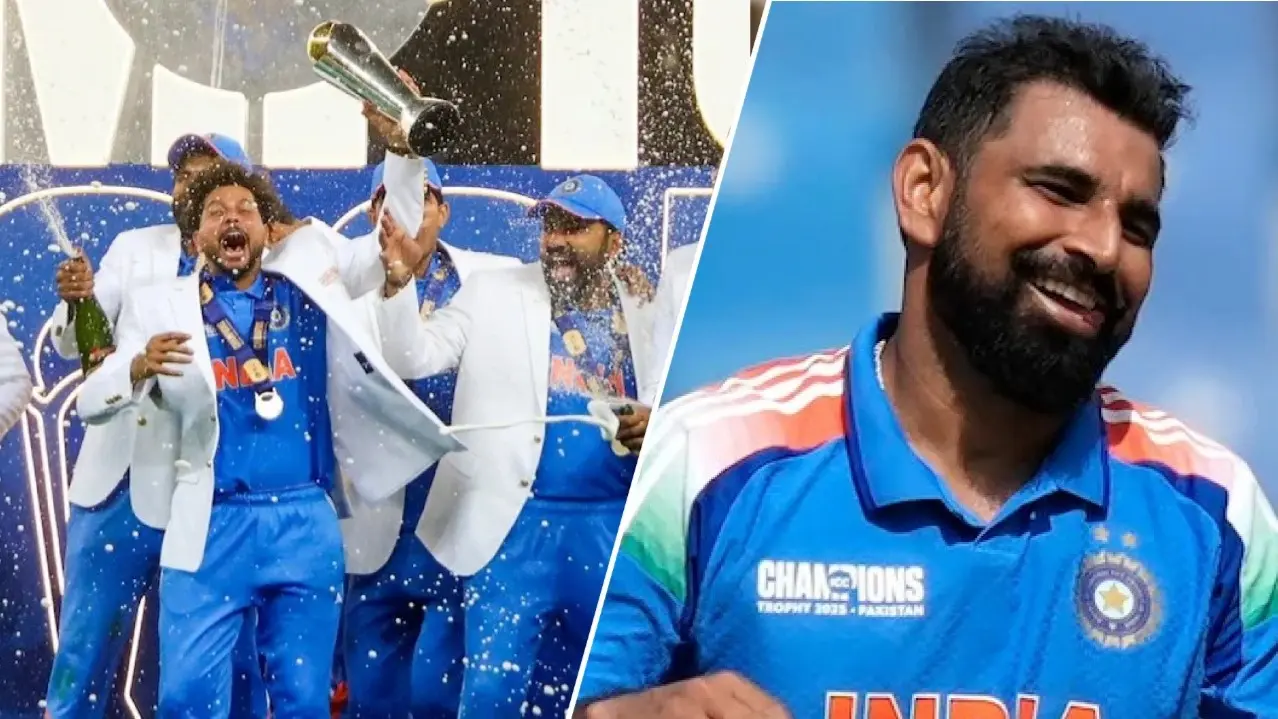 Mohammed Shami steps aside as team india celebrates champions trophy with champagne video viral