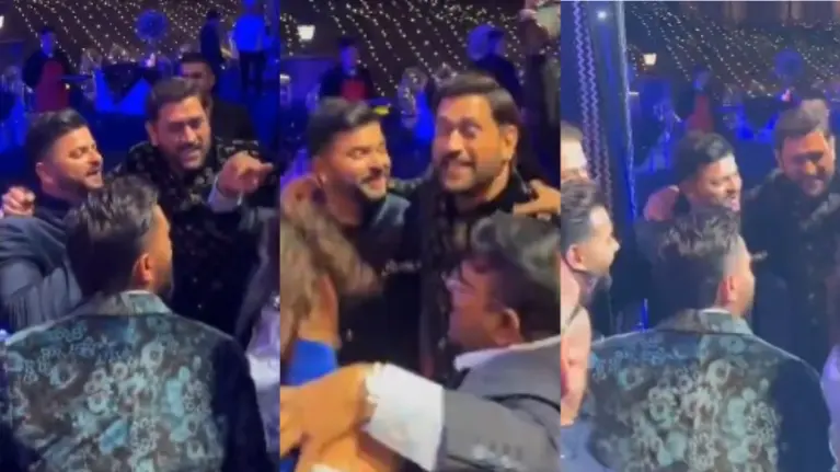 MS Dhoni and Suresh Raina were spotted dancing during Rishabh Pant's sister Sakshi's wedding function.