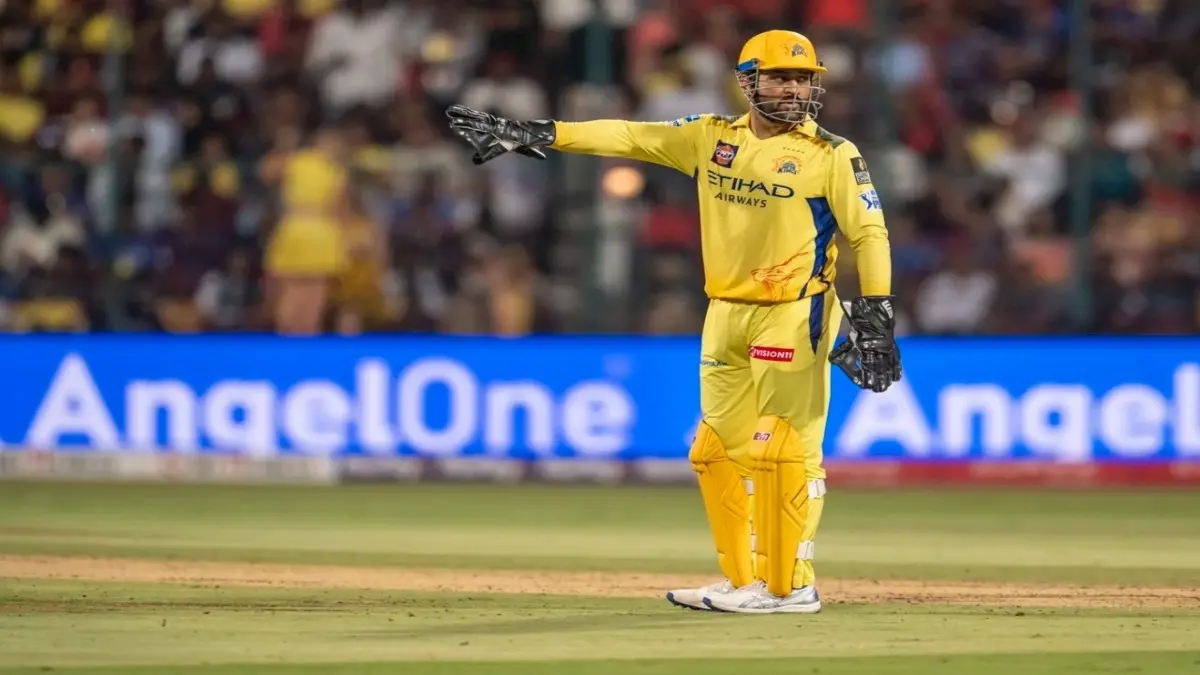 MS Dhoni reacts during an IPL 2025 match