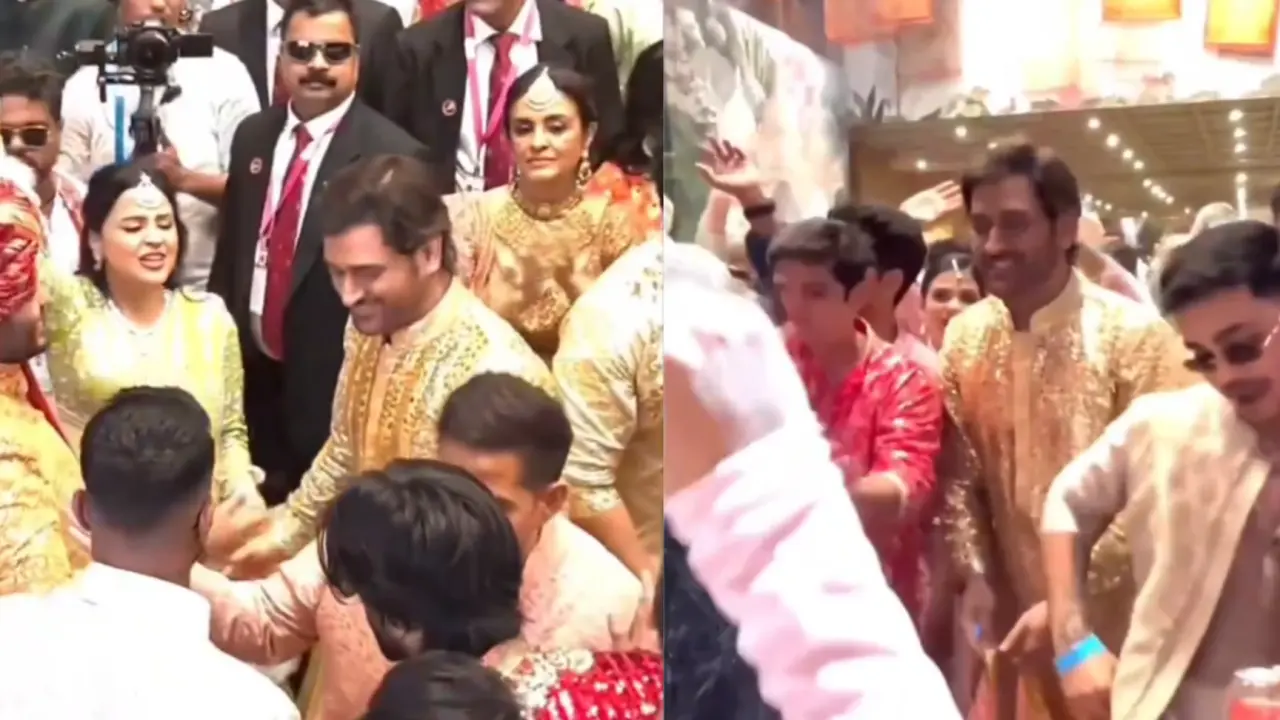 MS Dhoni Alongside Wife Sakshi & Ishan Kishan Dancing in Barat At Anant-Radhika Wedding | WATCH MS Dhoni dancing