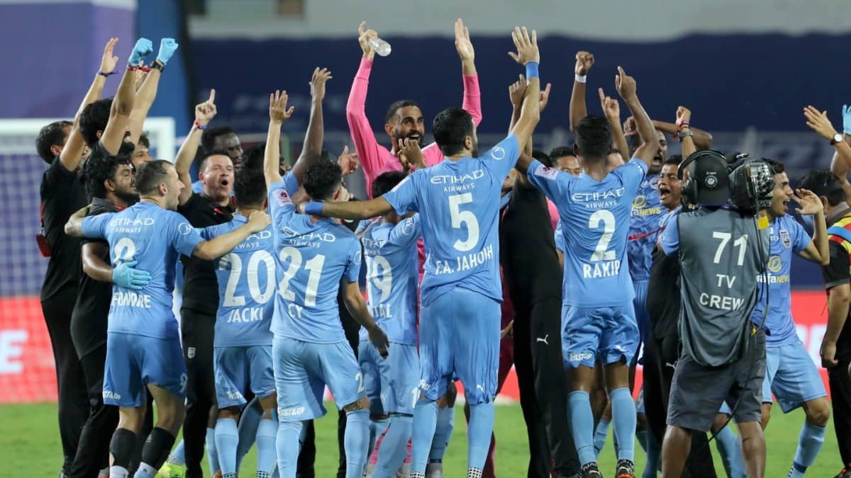 Mumbai City FC players celebrate after winning the final of the 7th season of the Indian Super League