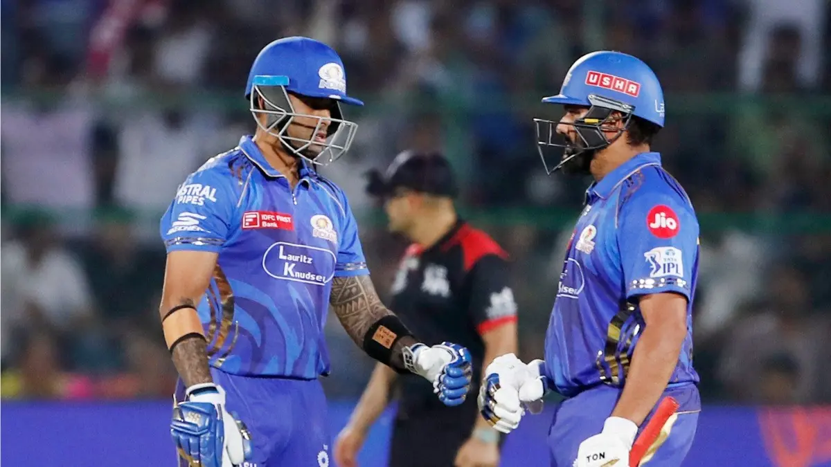 Mumbai Indians' Suryakumar Yadav and Rohit Sharma during a IPL 2025 match