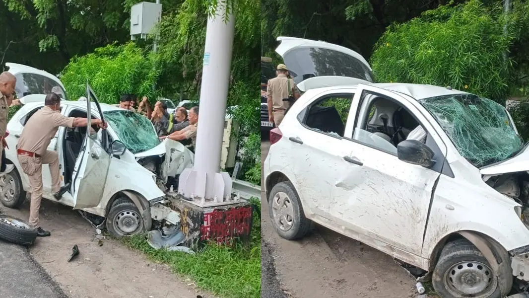नोएडा-ग्रेटर नोएडा एक्सप्रेसवे पर तेज रफ्तार कार पोल से टकराई।