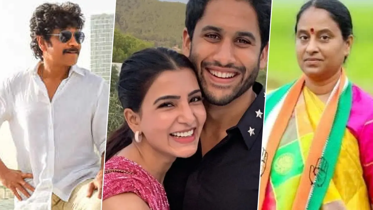 Nagarjuna Files Defamation Case Against Konda Surekha Over Chaitanya-Samantha's Divorce Remark Nagarjuna (L), Chay-Sam (C), Konda Surekha (R)