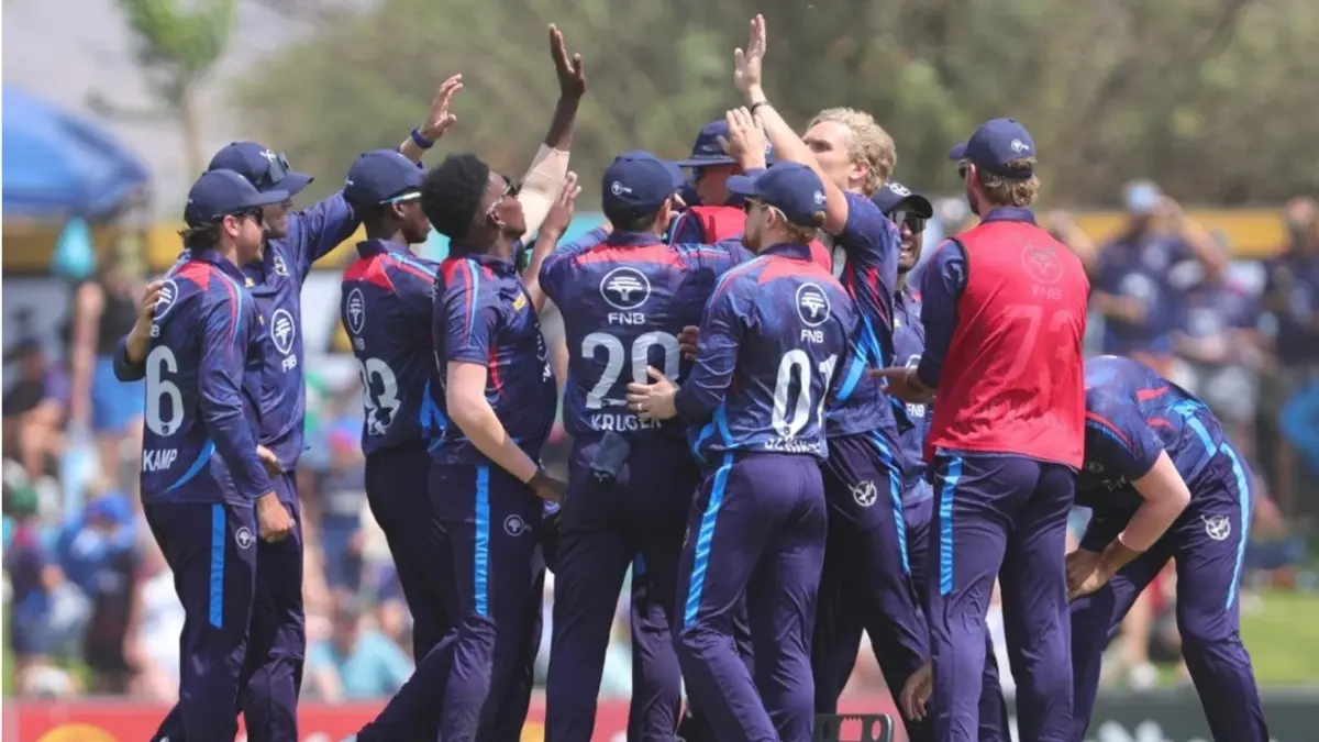 Namibia players celebrate after win over South Africa