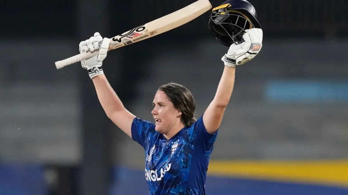 Nat Sciver-Brunt celebrates after scoring century century against Sri Lanka