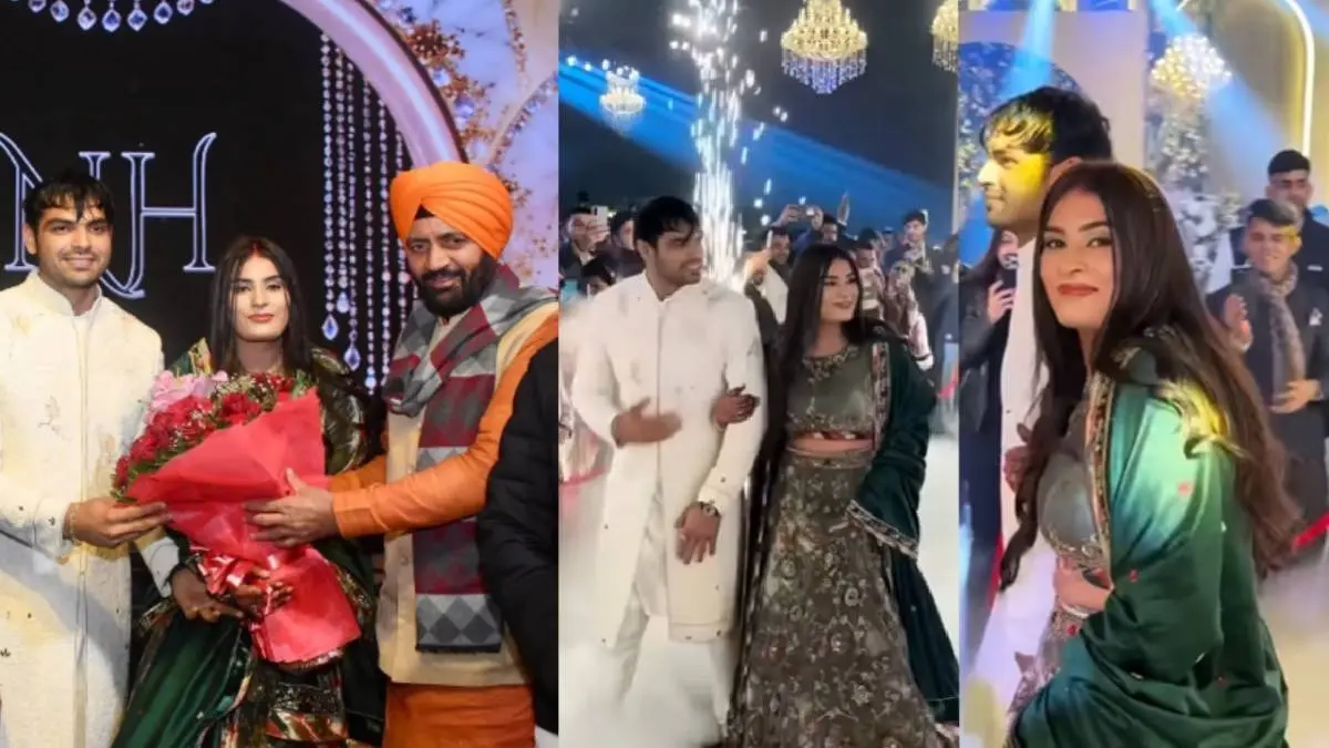 Neeraj Chopra Reception: पति का हाथ थामे हिमानी ने ली रिसेप्शन में एंट्री, हरे लहंगे में ब्लश करती आईं नजर, तस्वीरों से नहीं हटेंगी नजरें Neeraj Chopra-Himani Mor Reception