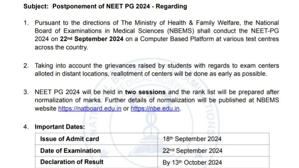 NEET-PG 2024 Postponed To September 22? NBEMS Notice Going Viral; Here's Fact Check NEET PG 2024 Postponement Notice