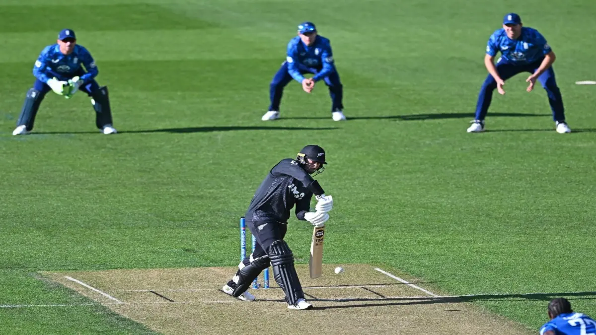 New Zealand's Devon Conway plays a shot against England