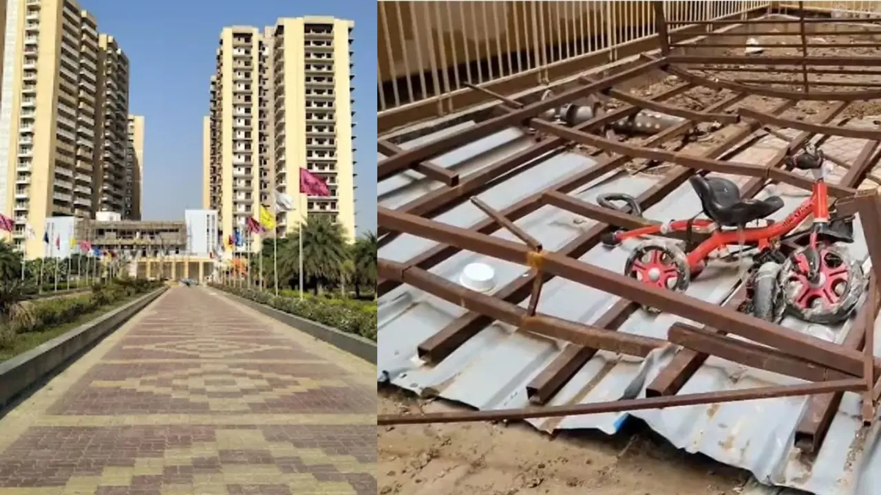 Noida storm Migsun Ultimo society grill broke fell in woman from 21th floor died along with 2 year old child