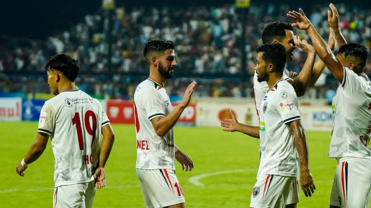 NorthEast United FC players celebrating after scoring goal against Bodoland FC in the Durand Cup 2025