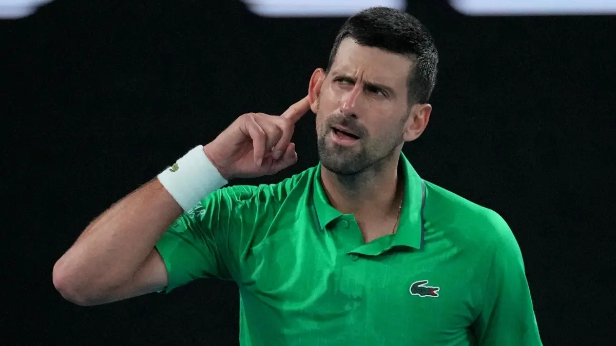 Novak Djokovic reacts after defeating Botic van de Zandschulp in the Australian Open 2026