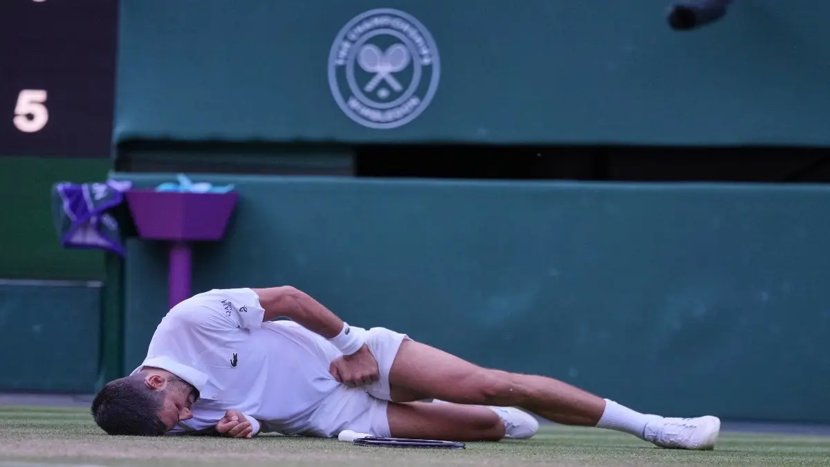 Novak Djokovic Skips Practice Session, Sparks Major Doubt Ahead Of Wimbledon Showdown Against Jannik Sinner Novak Djokovic reacts after slipping during his Wimbledon quarterfinal tie