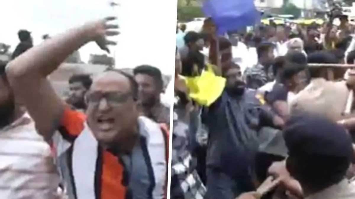 NSUI Workers Stage Protest in Ahmedabad Over Death Of Student Due To Stabbing NSUI workers protest in Ahmedabad over the recent incident of the death of a student after being stabbed by another.