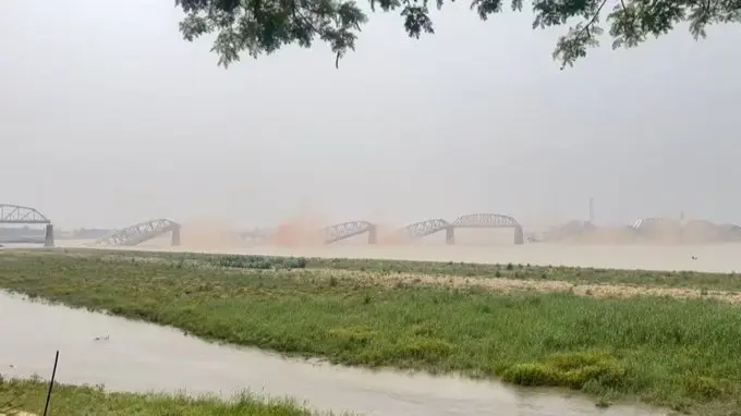 Old Sagaing Bridge over river Irrawaddy in Myanmar connecting Ava and Sagaing region collapsed due to the tremors
