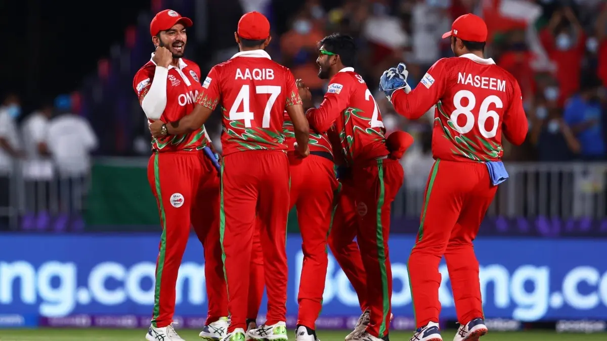 Oman players celebrates after taking a wicket against Bangladesh in T20 World Cup 2021