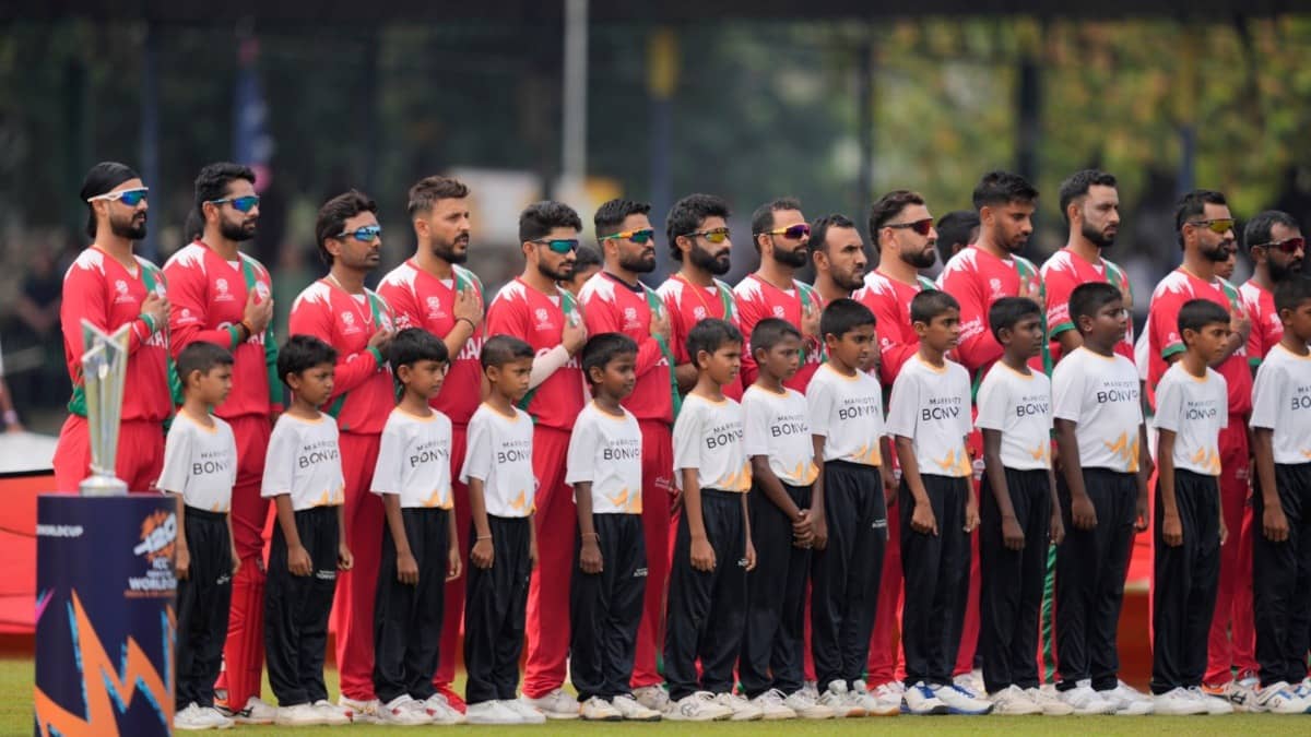 Oman's players stand up for the national anthems ahead of Ireland clash
