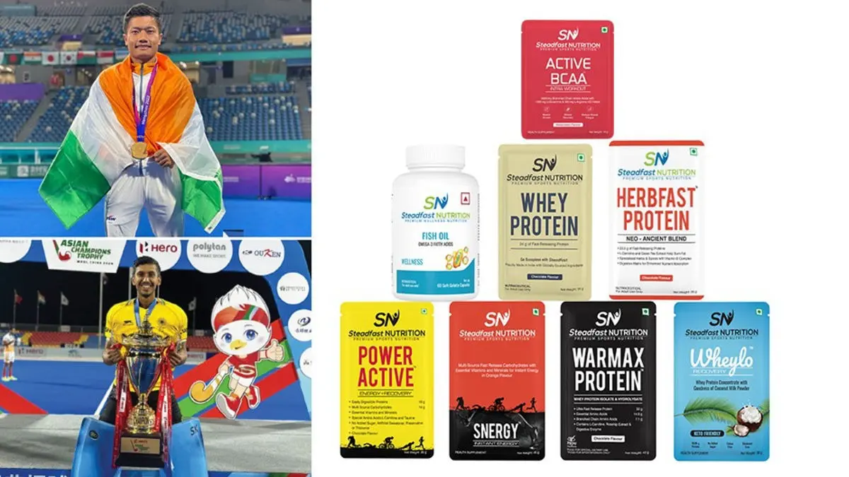 On the left: Olympic Bronze Medallists Nilakanta Sharma and Suraj Karkera, who trust Steadfast Nutrition in their performance journey. On the right: A selection of Steadfast’s protein, amino acid, and wellness supplements
