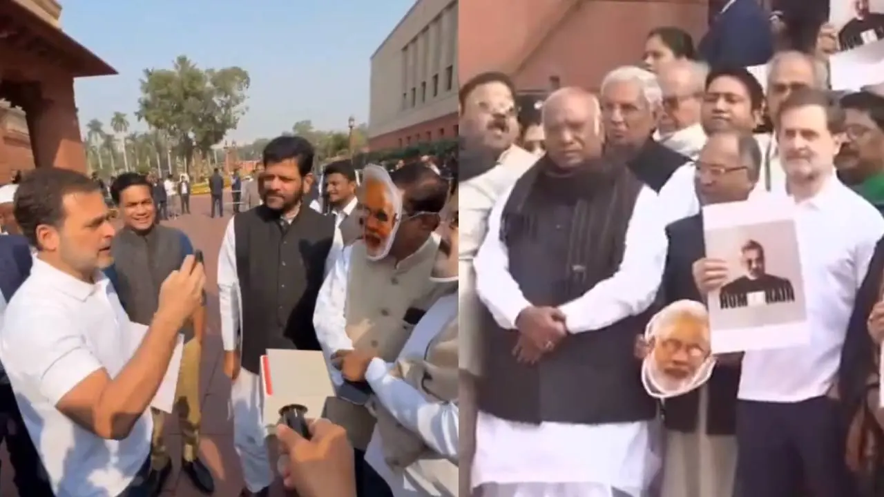Opposition MPs including Lok Sabha LoP Rahul Gandhi hold a protest over Adani matter