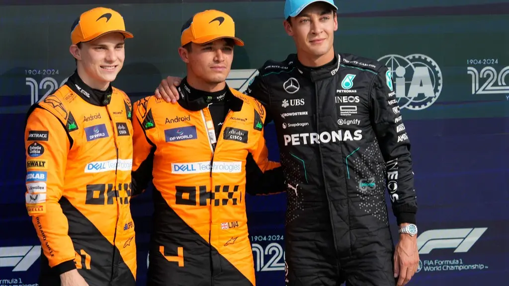 Italian GP: Norris And Piastri Lock Out Front Row For McLaren As Verstappen Struggles In Qualifying Oscar Piastri, Lando Norris and George Russel after qualifying in Monza