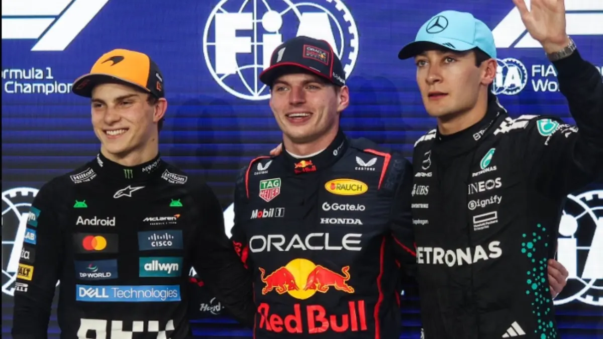 Oscar Piastri, Max Verstappen and George Russell