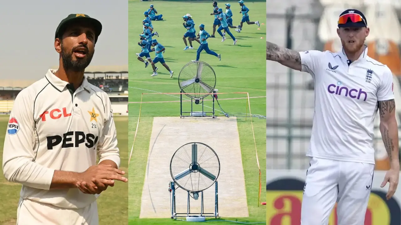 pak v eng test big heaters and commercial fans are drying up pitch in rawalpindi