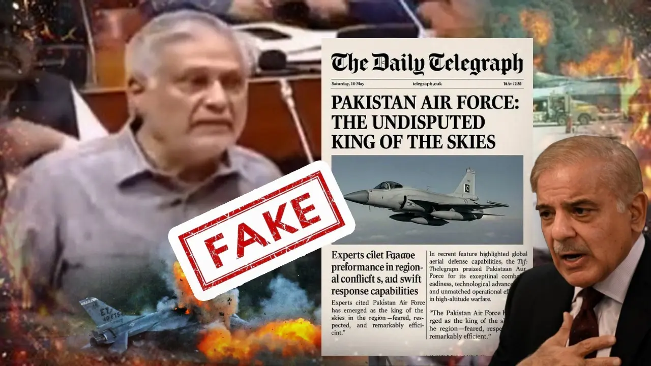 Undisputed King of Fake News: Pakistan FM Ishaq Dar Fact-Checked By Own Media After Quoting AI-Generated UK Newspaper Frontpage Praising Pak Air Force Pakistan FM Ishaq Dar Fact-Checked By Own Media After Quoting AI-Generated UK Newspaper Frontpage