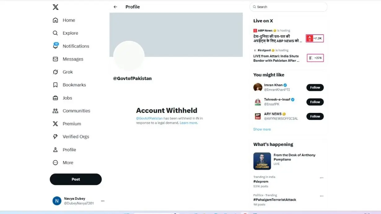 Pakistan Government's Twitterand Facebook Handle Withheld in India